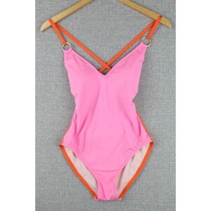 Kate Spade Womens Plunge Halter One-piece Swimsuit Pink Orange  Size S Lined NWT